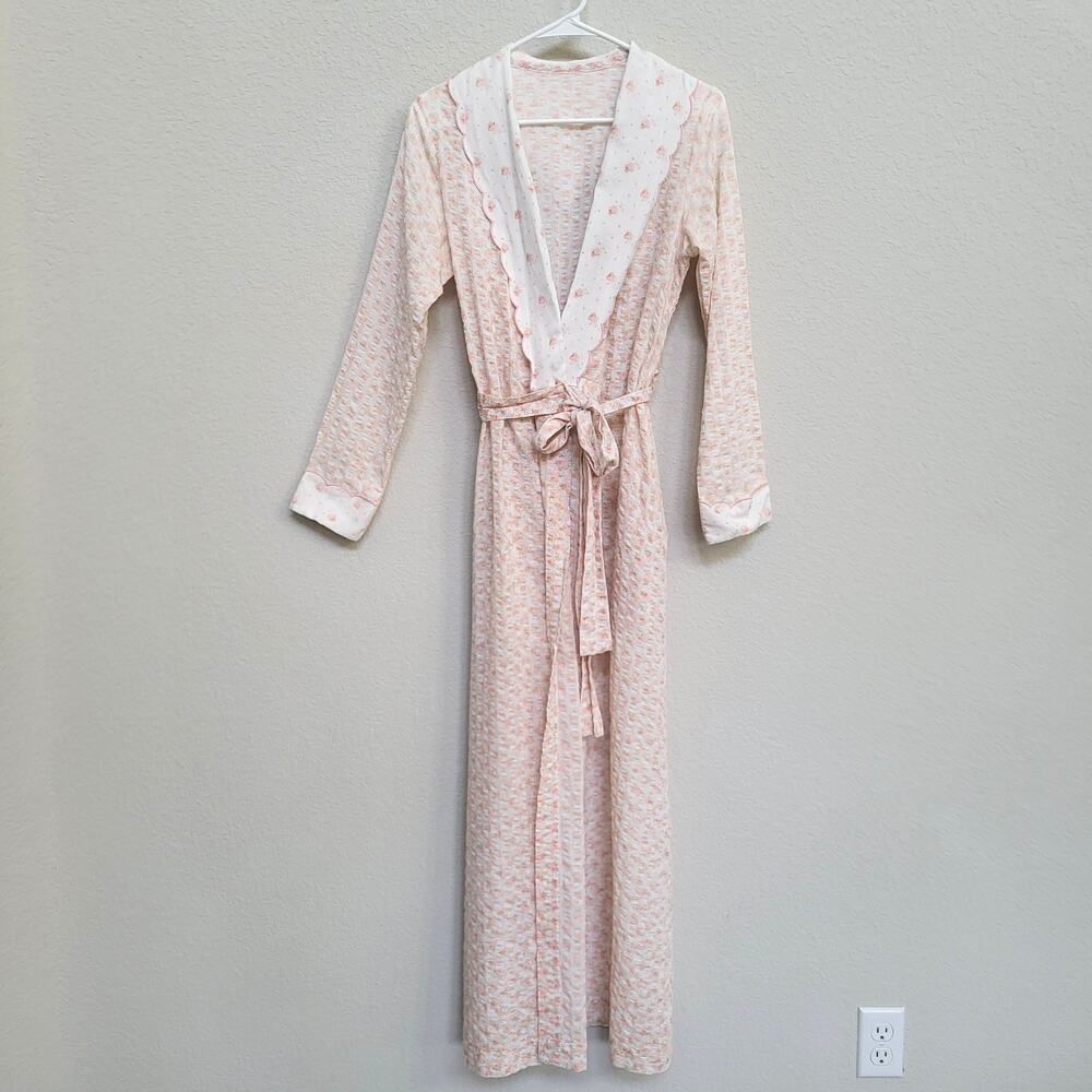 Vintage Robe Womens XS / S Floral Long Scalloped Trim Lightweight Spring Summer
